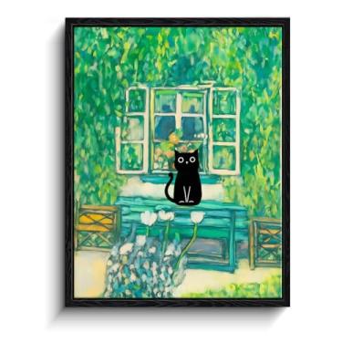 Imagem de Arte de parede emoldurada de gato preto, desenho animado de gato preto no jardim com janela e flores, impressão de arte texturizada impressionista, pôsteres ecléticos para quarto, sala de estar