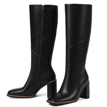 Imagem de Grakihily Botas de cano alto femininas GoGo com salto grosso, T19/Preto, 37