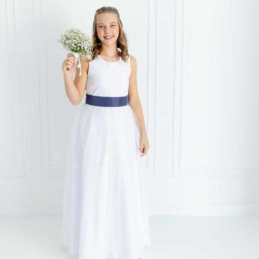 Imagem de Vestido Longo branco Faixa Lisa Azul Marinho Infantil com Saia Tule Br