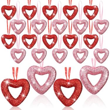 Imagem de Yookeer 24 peças de enfeites de coração para árvore de Natal Dia dos Namorados mini enfeites de coração vermelho rosa glitter decorações penduradas para casamento, aniversário de casamento, chá de