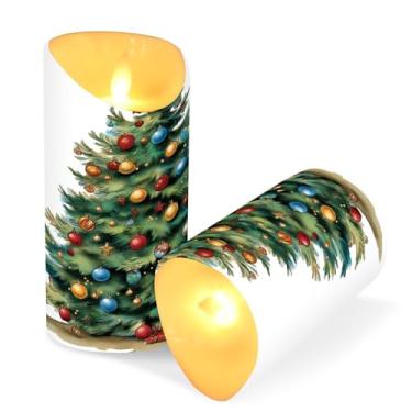 Imagem de Blueangle Pacote com 2 velas de árvore de Natal em aquarela sem chama com controle remoto e temporizador, velas LED cintilantes (7,6 cm x 15 cm) para decoração de casa, casamento, acampamento (114)