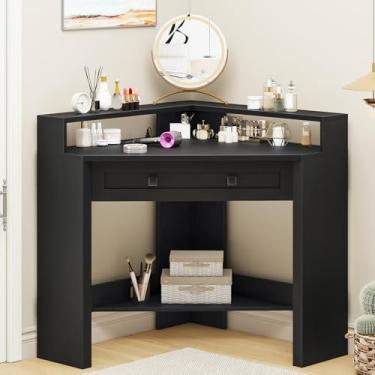 Imagem de Vabches Mesa de canto com gaveta, mesa de computador de canto de fazenda com suporte para monitor para espaços pequenos, quarto, escritório, sala de estar (preto rústico)