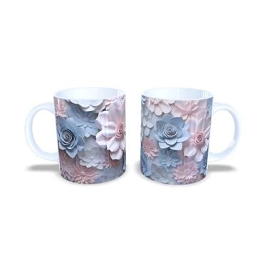Imagem de Caneca de Cerâmica 325ml com Design de Flores 3D Coloridas, Estampa Floral Rosa, Azul e Amarelo (14122)