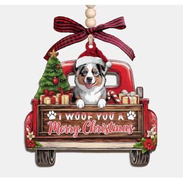 Imagem de Enfeite de madeira I Woof You A Merry Christmas - Caminhão de Natal com cão pastor australiano, enfeite de lembrança de madeira em 3 camadas, presentes para mulheres, homens, amantes de animais de