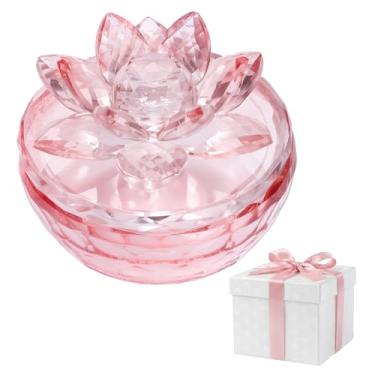 Imagem de Dounx Caixa de joias de cristal, pequena jarra de vidro com tampa, suporte de armazenamento de flores de lótus transparente para mulheres, prato organizador elegante para anel, brincos, colar