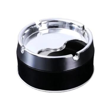 Imagem de Cinzeiro prático de aço inoxidável redondo com tampa giratória de 360° para decoração de casa, escritório e sala de estar. Para decoração de escritório em casa (preto