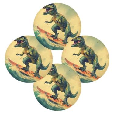 Imagem de Wassud Jogo americano conjunto de 4 tapetes redondos de dinossauro de surfe para cozinha e jantar, tapetes laváveis e resistentes ao calor, decoração de mesa 39 cm