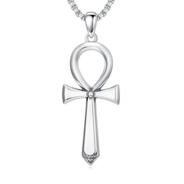 Imagem de Lattd Colar Ankh de prata esterlina 925, pingente de cruz Ankh, joia egípcia para homens e mulheres, com corrente de aço inoxidável 56 cm + 5 cm
