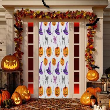 Imagem de Wassud Decoração de capa de porta com laço de abóboras de Halloween banner interno externo decoração de casa de varanda grande decoração de porta da frente 96 x 98 polegadas