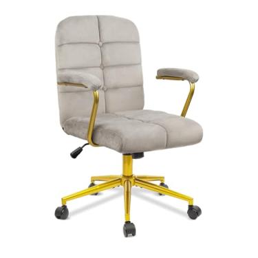 Imagem de CLATINA Cadeira de mesa de veludo para escritório em casa, cadeiras executivas ergonômicas de tecido com base e braços dourados, cadeira giratória de maquiagem com rodas para quarto, penteadeira, sala