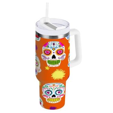 Imagem de Kigai Copo de 850 g com alça, copos coloridos com isolamento de caveira de açúcar com tampa e canudo, garrafa de água esportiva grande de metal, caneca de café de viagem de aço inoxidável