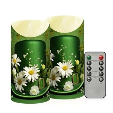 Imagem de Wassud Pacote com 2 velas de chapéu verde e flores brancas sem chama com controle remoto, velas realistas cintilantes com temporizador, velas decorativas para Natal, casamento, festa, decoração de