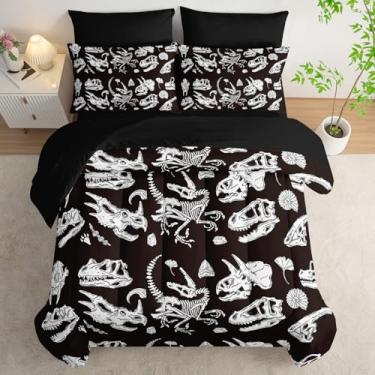 Imagem de AILONEN Jogo de cama solteiro com estampa de dinossauros fósseis, 7 peças, preto e branco, para crianças e adultos, lençol com elástico com lençol de cima, 2 fronhas, 2 fronhas