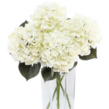 Imagem de DuHouse 3 peças de flores artificiais de hortênsia branca, látex de toque real, hortênsias falsas para buquês de casamento em casa, centro de mesa, decoração de sala de estar (branco marfim)