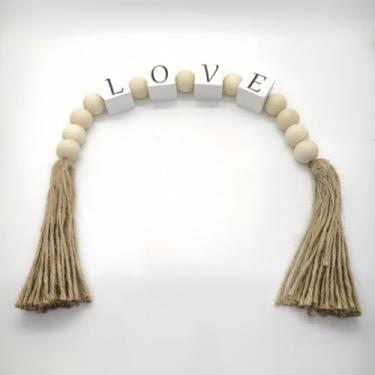Imagem de Talão de Madeira Natural Guirlanda Com Juta Rústico Pendurado Borlas Corda Artesanal De Fazenda De Parede Ornamento(“LOVE”60cm)