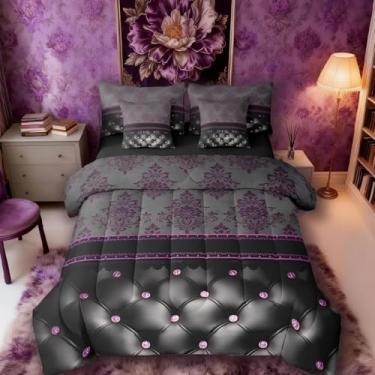 Imagem de Jogo de cama casal damasco roxo e edredom | Conjunto de cama gótico vintage floral de 7 peças com padrão de textura de diamante preto luxuoso em uma bolsa, cama boêmia gótica vitoriana