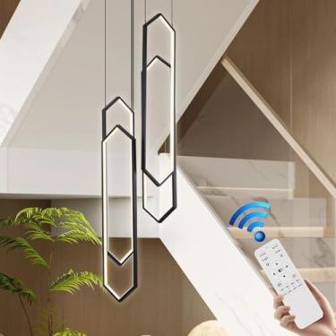 Imagem de Lustre moderno para sala de estar, em alumínio, com 6 anéis de LED, preto, grande, moderno, para escadas, dimerizável, para tetos altos, com controle remoto, adequado para iluminação de ilha