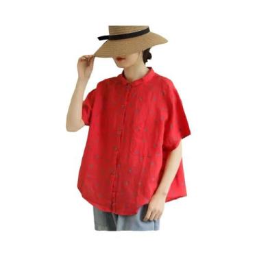 Imagem de Camisa De Algodão E Linho Para Mulheres plus Size, Manga Curta, Casual