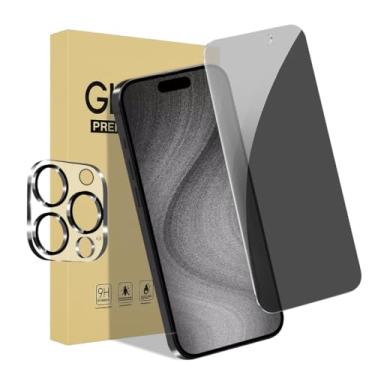 Imagem de 1 pacote com protetor de tela de privacidade para iPhone 15 Pro Max [6,7 polegadas] + 1 pacote de protetor de lente de câmera com moldura de instalação, compatível com ilha dinâmica, vidro temperado