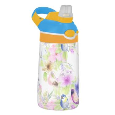 Imagem de Aquarela Flores Pássaros Garrafa de água infantil branca Tritan 473 ml Garrafa de água esportiva reutilizável com tampa de canudo Copos de viagem à prova de vazamento para crianças portátil, alça de