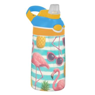 Imagem de Garrafa de água de abacaxi rosa flamingos infantil 473 ml garrafa de água de plástico portátil com tampa de canudo 473 ml Copos de viagem reutilizáveis Tritan para crianças à prova de vazamento, alça