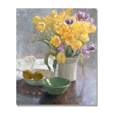 Imagem de NHLDZYH Arte em tela floral clássica natureza morta, impressão vintage estilo pintura a óleo, decoração de parede botânica para sala de estar elegante, sala de jantar. B09. Apenas tela de 50 x 60 cm