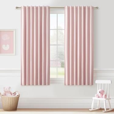 Imagem de Cortinas rosa bebê 137 cm para quarto de meninas conjuntos de 2 painéis, linda cortina blecaute total para berçário para inverno isolada 12-1/2 pés cortinas curtas para janela pequena 127 polegadas