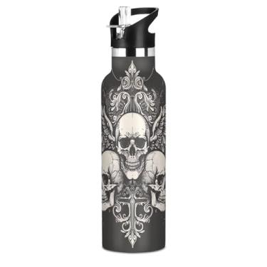 Imagem de Joisal Garrafa de água Skulls Wings Black Girls com tampa de palha, garrafas de água isoladas de aço inoxidável, à prova de vazamento, copos infantis livres de BPA para escola, viagens, esportes, 590