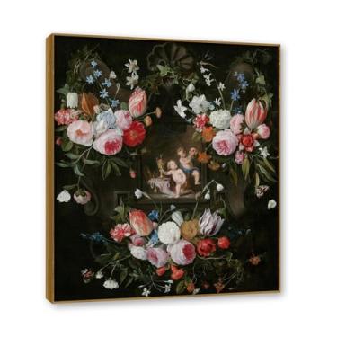 Imagem de NHLDZYH Moldura de teca. Impressão de flores vintage rústica, arte de parede em tela emoldurada floral clássica, decoração de cozinha de fazenda, pronto para pendurar. B26. 50 x 60 cm