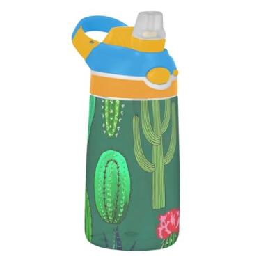 Imagem de Garrafa de água infantil vibrante de cactos verdes com canudo 473 ml Tritan 473 ml Garrafa de água de plástico portátil reutilizável para crianças, à prova de vazamento, alça de transporte