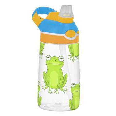 Imagem de Garrafa de água infantil Tritan de 473 ml, portátil, garrafa de água de plástico de 473 ml com canudo reutilizável à prova de vazamento, alça de transporte, sapos verdes alegres, branco
