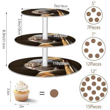 Imagem de Suporte de cupcake para festa de chá, 3 camadas, redondo, para casamento, para exibição de acrílico, torre de bolo, gato engraçado com brinco de pérola, suporte de sobremesa, bandeja de servir comida