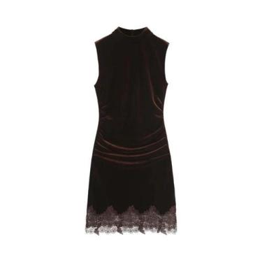 Imagem de Vestido De Veludo Sem Mangas Marrom Escuro Para Mulheres Com Detalhes 