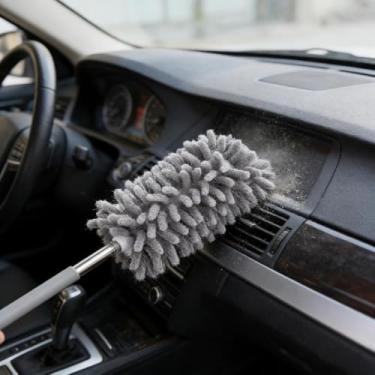Imagem de 1 pç espanador portátil extensível de microfibra, lavável, com alça telescópica, adequado para limpeza de carros, computadores, condicionadores de ar, televisões, etc. (cinza)