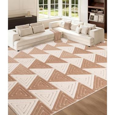 Imagem de YIHOUSE Tapetes neutros ultra macios 20 x 25 cm, tapete geométrico bege com padrões triangulares, tapete liso confortável para quarto, tapetes laváveis Japandi para sala de estar