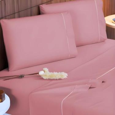 Imagem de Jogo de Lençol Queen 4 Peças 400 Fios Micropercal Toque de Seda Lençol com Elástico Fronhas Ponto Palito(ROSÊ)
