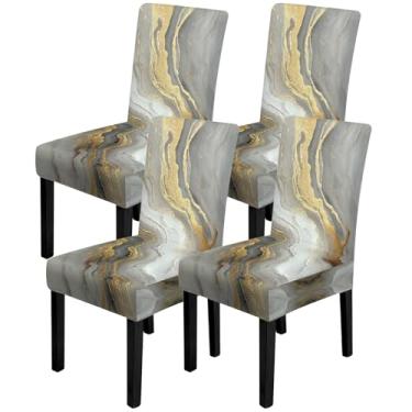 Imagem de ANNA QUEEN Conjunto de 4 capas de cadeira de mármore, capas elásticas, removíveis, laváveis para jantar, fazenda, hotel, festa, casamento (padrão de mármore)
