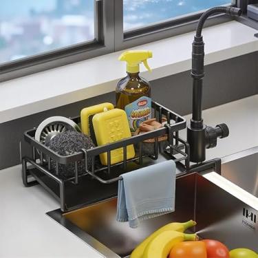 Imagem de Suporte de esponja de aço inoxidável 304 - organizador de pia de cozinha à prova de ferrugem com dispensador de sabão e rack de escova, economiza espaço para banheiro (preto)