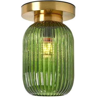 Imagem de Luminária de teto de vidro branca para entrada, com 1 lâmpada, estilo meados do século XX, cúpula cilíndrica de vidro listrado, luminária de embutir moderna para interiores, ideal para corre