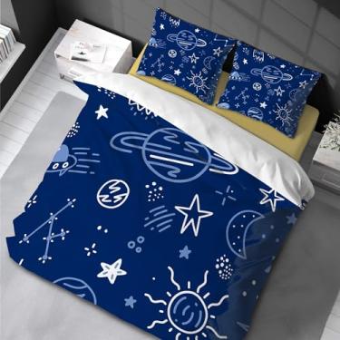 Imagem de Jogo de cama com lua e estrela, azul, 3 peças, fofo, espaço, galáxia, edredom para crianças, meninos, meninas, 3 peças, 200 x 200 cm -50 x 75 cm x 2 cm