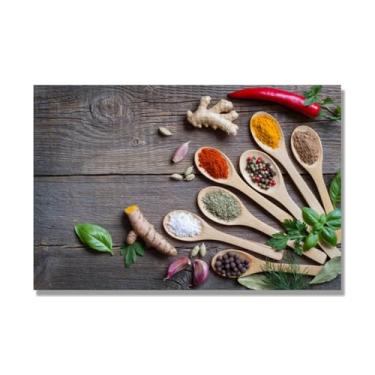 Imagem de Arte de parede em tela colorida para especiarias e colher de tempero | Decoração de cozinha vintage | Arte moderna para casa e sala de jantar. C66. 50 x 75 cm - 19,7 x 29,6 pol. Somente tela