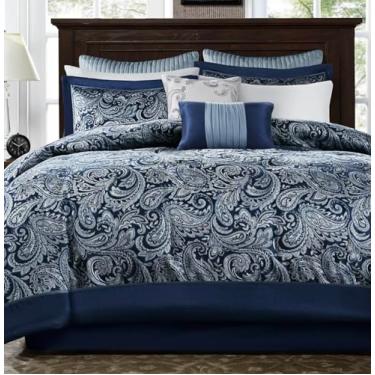 Imagem de Addison Park Aubrey Conjunto de edredom Queen com 9 peças de tecido Paisley azul-marinho