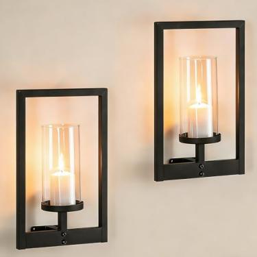 Imagem de Walasis Conjunto de 2 arandelas de decoração de parede: castiçais de furacão de metal para velas de pilar - Arandelas pretas estilo morden decorações de moldura para sala de estar, banheiro, quarto