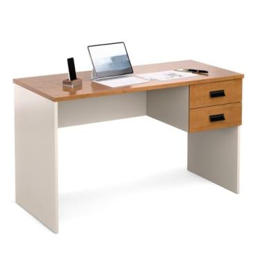 Imagem de Escrivaninha Home Office com 2 Gavetas Mesa de Computador para Estudo e Trabalho Moderna(Off Canela)