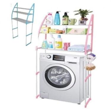 Imagem de Rack para Máquina de Lavar Roupa, 3 Camadas, Rosa e Azul, Metal, 65 x 23 x 150 cm, Organizador de Banheiro e Lavanderia com Ganchos Adicionais