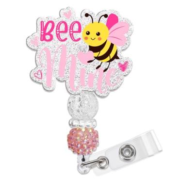 Imagem de Obookey Carretel de crachá de dia dos namorados, carretel de crachá de identificação de abelha fofo com clipe retrátil, suporte de crachá de dia dos namorados com glitter para trabalhadores de