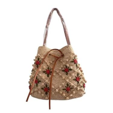Imagem de RORFFK Bolsa feminina de palha de ráfia natural com flor feita à mão na moda, bolsa de mão de designer de luxo para praia