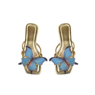 Imagem de GORGLITTER Sandálias femininas douradas com bico quadrado 3D floral floral sem cadarço para férias praia na moda, Dourado, 35