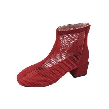 Imagem de Bota feminina fashion casual primavera verão malha oca respirável bico redondo bico fechado atrás zíper salto grosso salto alto, Vermelho, 38