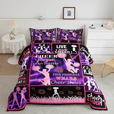 Imagem de Jogo de cama casal com tema de líderes de torcida, para decoração de quarto de meninas, mulheres, adultos, iluminação neon de palco, enchimento de edredom geométrico, quadriculado com 2 fronhas